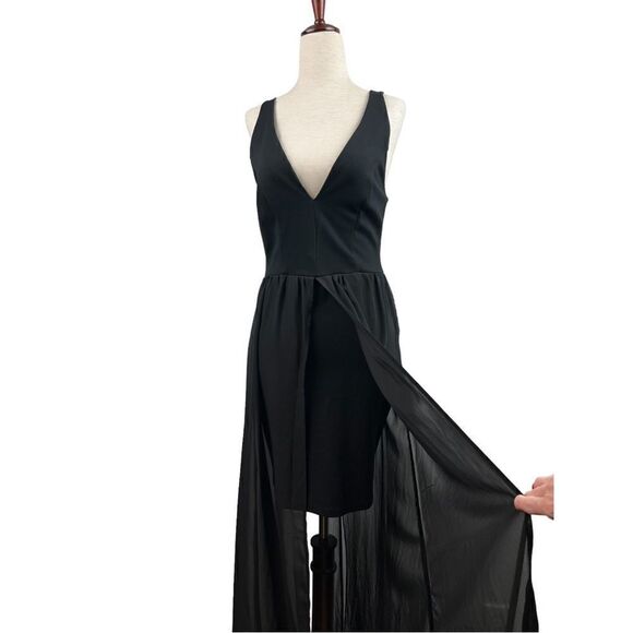 Vintage 90s J for Justify Black Deep V Mini Dress with Sheet Maxi Skirt Layered - Picture 4 of 13